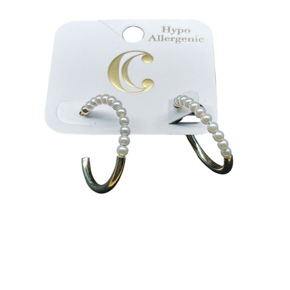 Charming Charlie Gold-Toned Hypoallergenic Pearl Beaded Hoop Earrings MSRP 16 - Picture 2 of 5